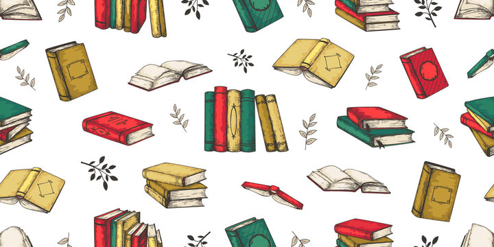 Doodle books pattern. Seamless vintage stacks and piles of different books, magazines and notebooks. Vector sketch drawn doodle retro seamless print for design teens literature