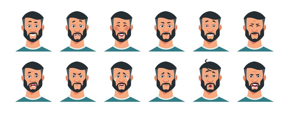 Man expressions. Cartoon character with happy surprised angry sad tired and other emotions. Facial expressions vector illustrated unhappy joy and upset man set