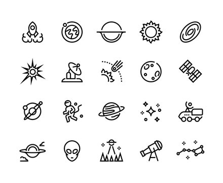 Space line icons. Futuristic cosmos and astronomy infographic elements such as rocket spaceship galaxy UFO and planets. Vector set editable universe explorer isolated symbols