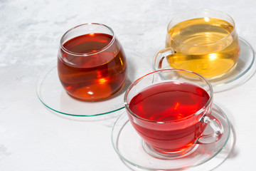 assortment of tea in glass cups, top view