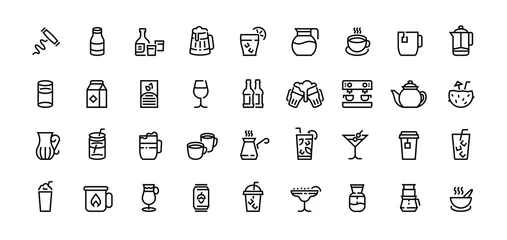 Fotobehang Drinks line icons. Coffee tea and alcoholic beverages, beer champagne cocktails, water in bottle and glass, milk. Vector set outlines drinking food beverage for party © SpicyTruffel