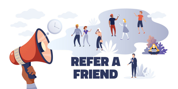 Referral marketing. Creative advertising concept refer friend loyalty program, cartoon promoting characters. Vector concept choice to communicate with consumer audience for colors banner