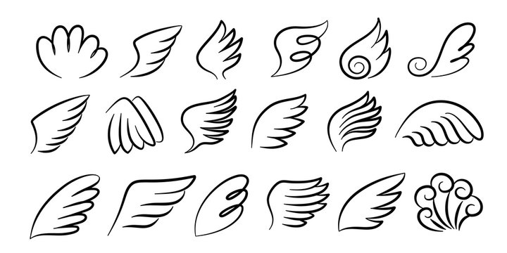 Sketch wings pair. Hand drawn angel wings ink sketch, cartoon bird wings silhouettes. Vector artwork design black feathered wing set for signs and emblem on white background