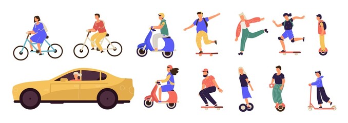 People riding. Cartoon characters on modern electric city transport, longboard scooter bicycle unicycle car. Vector personal transporters roller device with motor © SpicyTruffel