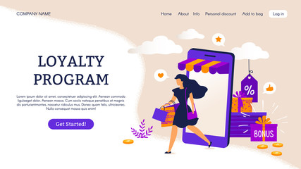 Reward program landing page. E-commerce concept with cartoon people characters. Vector illustrations loyalty program and discount, like promotion retail and advertisements shop