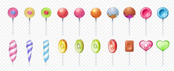 Colorful lollipop set. Round and spiral sweet lolly candies. Sugar food on stick for holiday icon. Vector illustration realistic lollipops with sour fruit citrus taste