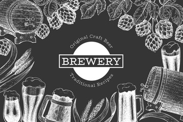 Beer and hop design template. Hand drawn vector brewery illustration on chalk board. Engraved style. Retro brewing illustration. © lubovchipurko
