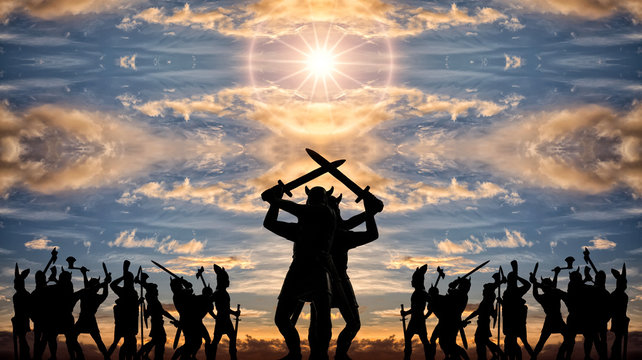 Giant silhouettes of two Gods-Vikings (vintage toy soldiers) with swords standing back to back among armed groups of Valhalla warriors, sunset clouds, sun, Old Norse, Odin and Asgard themes