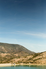 Beautiful landscape of mountains and lake with blue sky