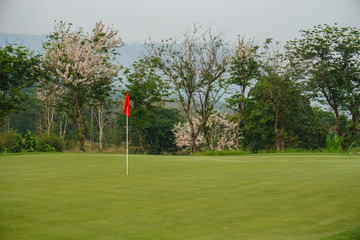 Obraz premium Red flag on Green Golf Course and Green Mountain.