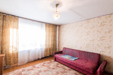 Russia, Moscow- June 11, 2019: interior room apartment. standard repair decoration in hostel. old not modern decor