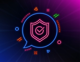 Fototapeta na wymiar Approved shield line icon. Neon laser lights. Accepted or confirmed sign. Protection symbol. Glow laser speech bubble. Neon lights chat bubble. Banner badge with approved shield icon. Vector