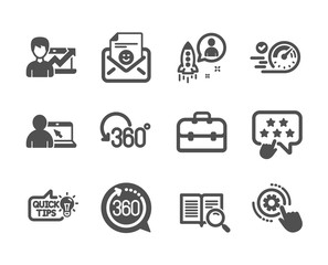 Set of Technology icons, such as Success business, Startup, Online education, Smile, 360 degrees, Cogwheel settings, Portfolio, Search text, Ranking star, Full rotation, Education idea. Vector