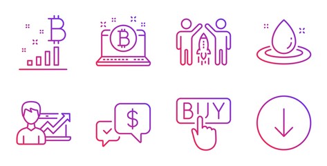 Bitcoin graph, Buying and Payment received line icons set. Success business, Bitcoin and Fuel energy signs. Partnership, Scroll down symbols. Cryptocurrency analytics, E-commerce shopping. Vector