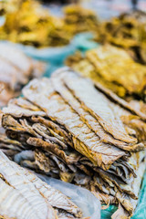 Dried sea food products sold on the market in Hanoi, Vietnam