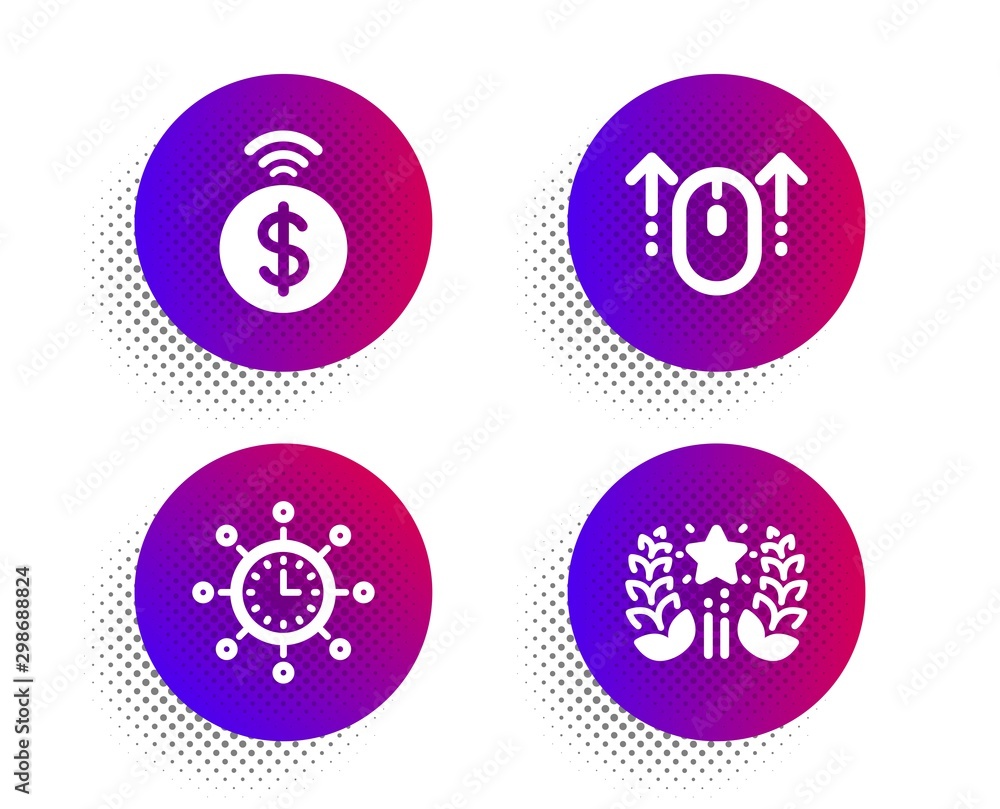 Poster swipe up, contactless payment and world time icons simple set. halftone dots button. ranking sign. s