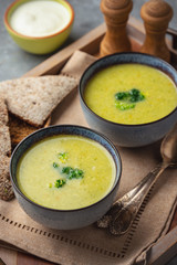 Homemade broccoli cream soup, vegetarian food.