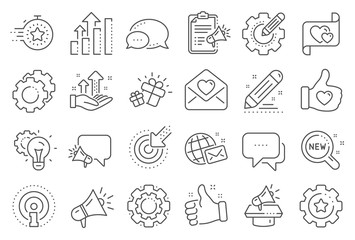 Brand social project line icons. Business strategy, Megaphone and Representative. Influence campaign, social media marketing, brand ambassador icons. Innovation, gift, like sign. Vector