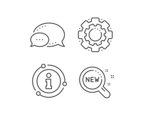 New products line icon. Chat bubble, info sign elements. Search sign. Magnifier glass symbol. Linear new products outline icon. Information bubble. Vector