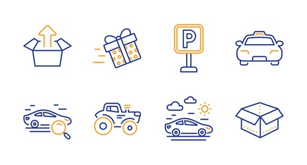 Search car, Send box and Taxi line icons set. Car travel, Present delivery and Tractor signs. Parking, Open box symbols. Find transport, Delivery package. Transportation set. Vector