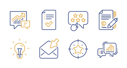 Accounting, Copywriting and Open mail line icons set. Idea, Ranking star and Approved checklist signs. Star target, Graph chart symbols. Supply and demand, Ð¡opyright signature. Vector