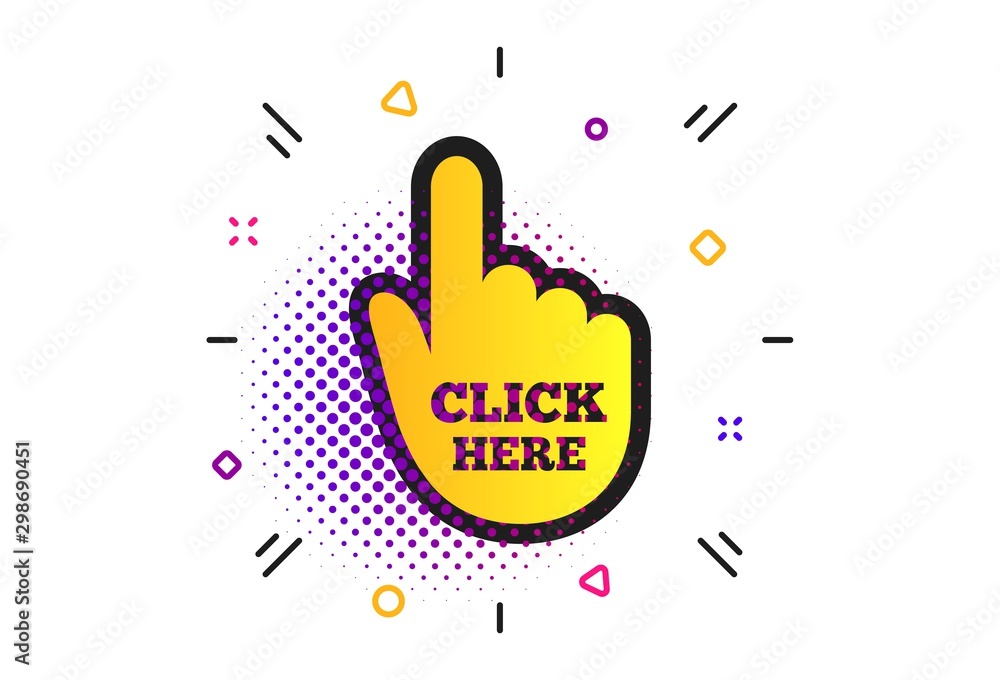 Poster click here hand sign icon. halftone dots pattern. press button. classic flat click icon. vector