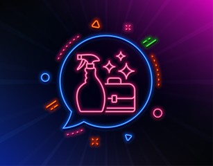 Cleaning spray line icon. Neon laser lights. Washing liquid or Cleanser symbol. Housekeeping service sign. Glow laser speech bubble. Neon lights chat bubble. Vector