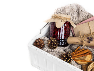 A set of useful ingredients for treatment at home. Jam and dry herbs for brewing tea. Book and envelope. Cozy atmosphere in winter and autumn