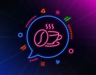 Coffee cup with beans line icon. Neon laser lights. Hot cappuccino sign. Tea drink mug symbol. Glow laser speech bubble. Neon lights chat bubble. Banner badge with coffee cup icon. Vector