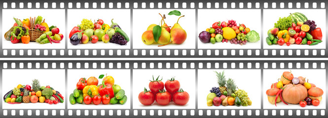 Many compositions fruits and vegetables in frame in form film isolated on white
