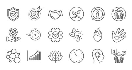 Core values line icons. Integrity, Target purpose and Strategy. Trust handshake, social responsibility, commitment goal icons. Linear set. Quality line set. Vector