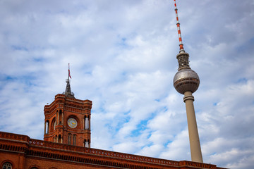 Berlin, Germany - 2019, October 13 - The famous red town hall and the berlin tv tower
