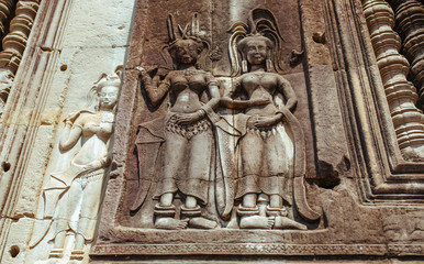 Acient Murals and cave paintings on Agkor Wat temple walls