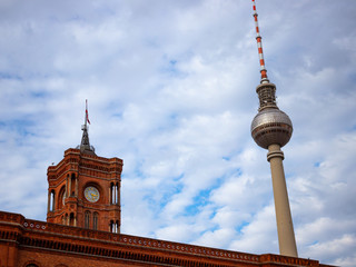 Berlin, Germany - 2019, October 13 - The famous red town hall and the berlin tv tower