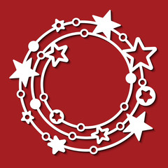 Laser cut template of openwork vector pattern. Frame in shape of wreath with stars and circles. Silhouette of round border for xmas invitation card. Vintage christmas decoration for paper cut out.