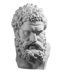 Gypsum copy of ancient statue Heracles head isolated on white background. Plaster sculpture man...