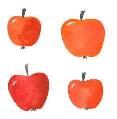 Set of red apples, hand drawn watercolor illustration