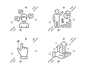 Touchscreen gesture, Seo statistics and Conversation messages line icons set. Analysis graph sign. Slide up, Analytics chart, Communication. Targeting chart. People set. Vector