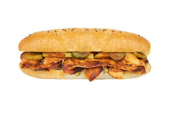 Traditional Turkish Doner Kebab meat. Shawarma or gyros. Turkish, greek or middle eastern arab style chicken doner kebab food on isolated white.