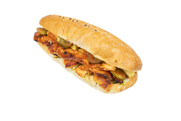 Traditional Turkish Doner Kebab meat. Shawarma or gyros. Turkish, greek or middle eastern arab style chicken doner kebab food on isolated white.