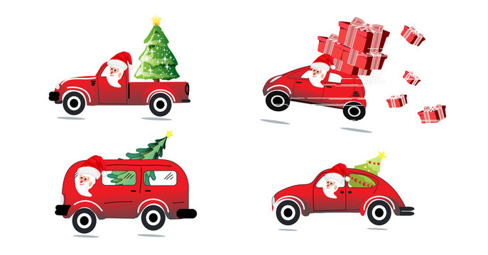 Santa Claus with a red car and a tree in the car Some cars have gifts in the car, set of 4 styles, white backdrop, concept of Happy Christmas and Happy New Year - vector.