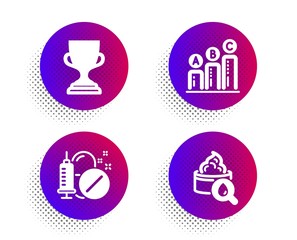 Medical drugs, Graph chart and Award cup icons simple set. Halftone dots button. Moisturizing cream sign. Medicine pills, Growth report, Trophy. Face lotion. Business set. Vector