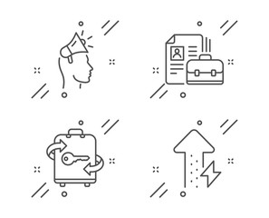 Brand ambassador, Vacancy and Luggage line icons set. Energy growing sign. Megaphone, Hiring job, Baggage locker. Power usage. Line brand ambassador outline icon. Vector