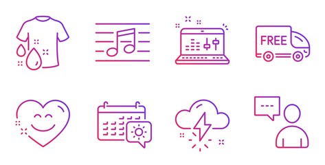 Sound check, Smile chat and Musical note line icons set. Travel calendar, Thunderstorm weather and Free delivery signs. Wash t-shirt, Users chat symbols. Dj controller, Heart face. Vector