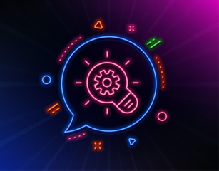 Cogwheel line icon. Neon laser lights. Engineering tool sign. Idea bulb symbol. Glow laser speech bubble. Neon lights chat bubble. Banner badge with cogwheel icon. Vector