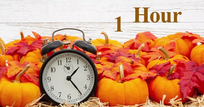 Fall Back 1 hour time change message with a retro alarm clock with pumpkins and fall leaves