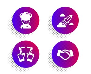 Cooking chef, Move gesture and Startup rocket icons simple set. Halftone dots button. Handshake sign. Sous-chef, Swipe, Business innovation. Deal hand. Business set. Vector
