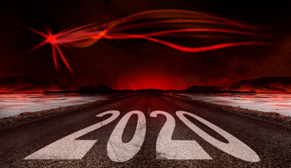 2020 New Year celebration on the asphalt road with a modern comet star