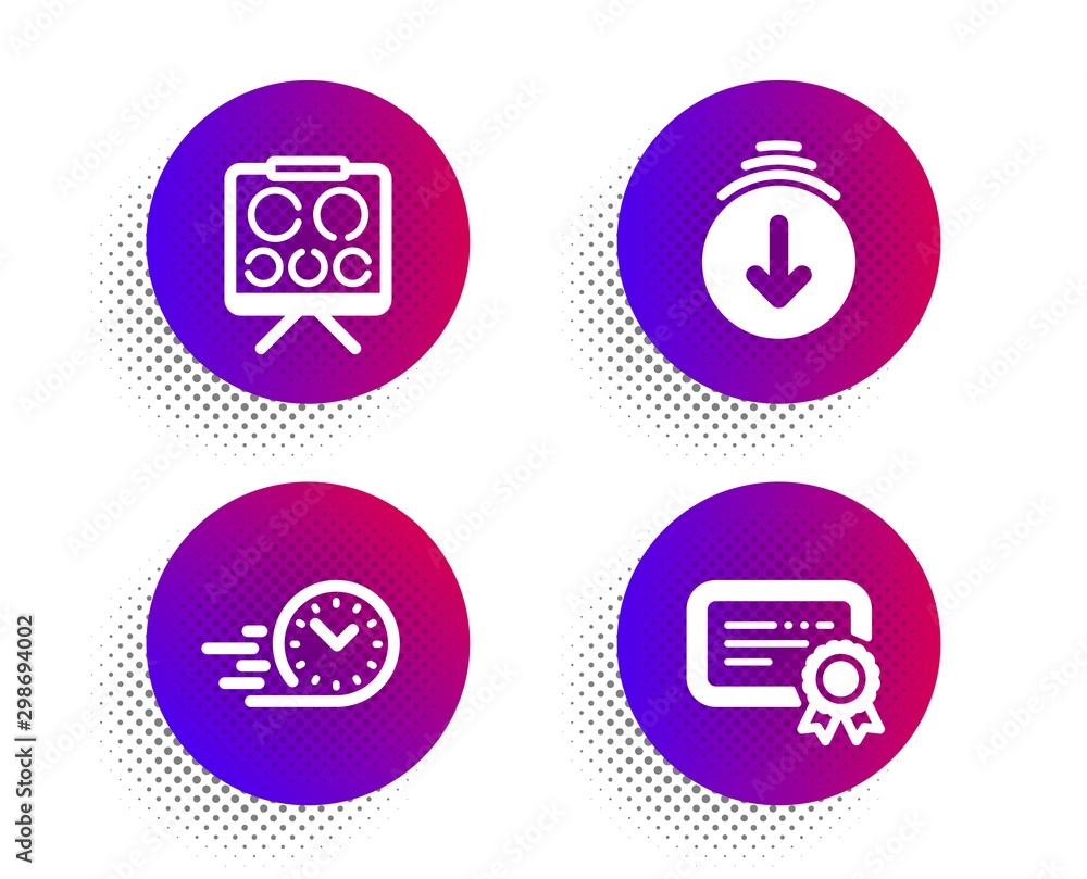 Poster scroll down, fast delivery and vision board icons simple set. halftone dots button. certificate sign