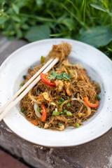 Singapore-Style Noodles. Stir-Fried Rice Vermicelli Seasoned with Scrambled Eggs, Prawns and Vegetables